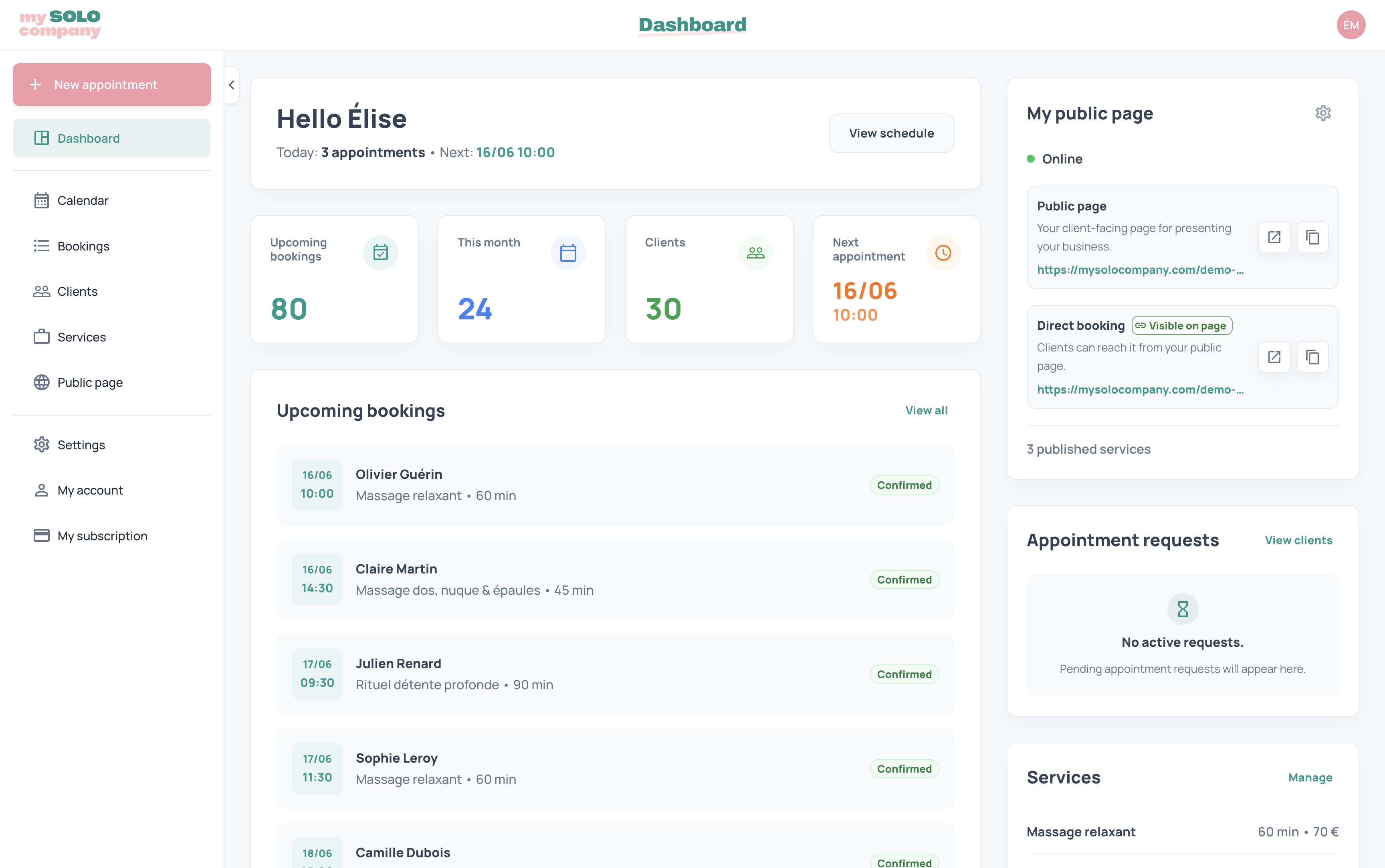 Preview of the My Solo Company dashboard