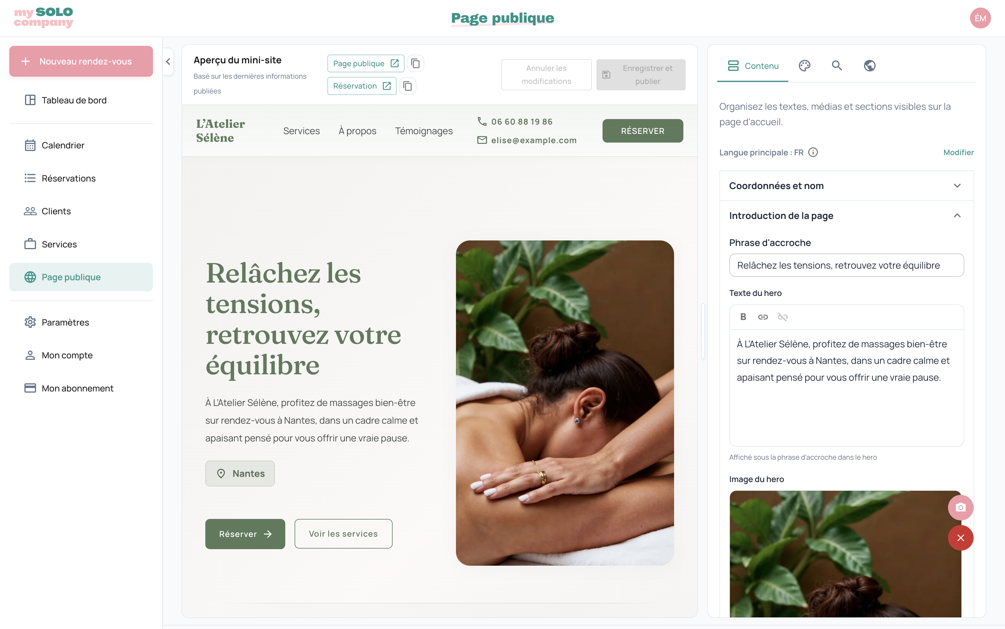Aperçu de l'interface d'édition d'une page publique My Solo Company
